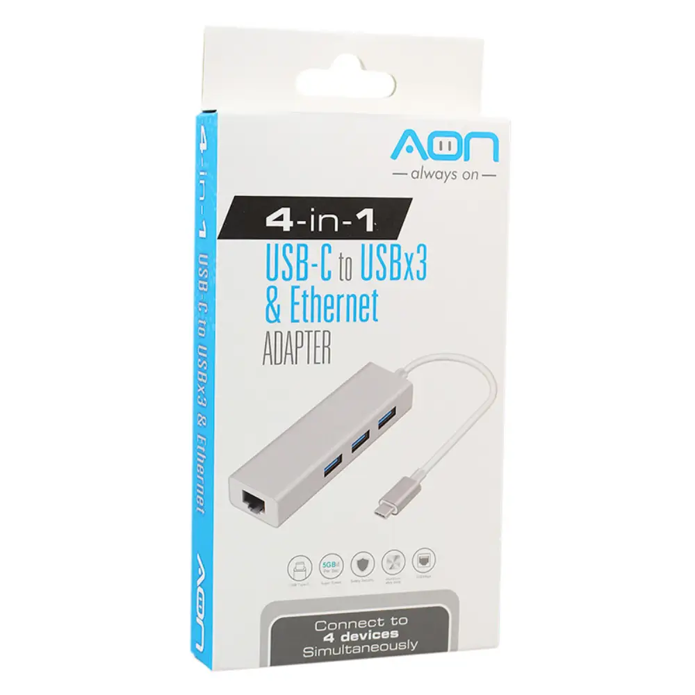 Adaptador USB-C a RJ45 con Hub USB 3 puertos AON AO-AD-1010 M/H